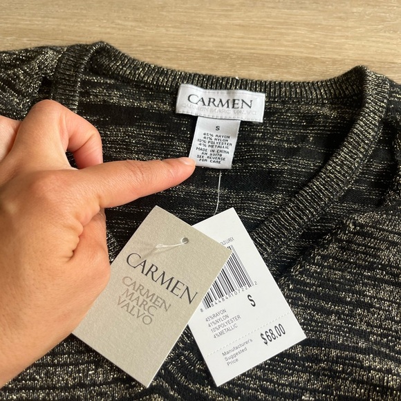 Carmen Marc Valvo Metallic Sweater Blouse Black Gold SZ S NWT - Picture 2 of 8